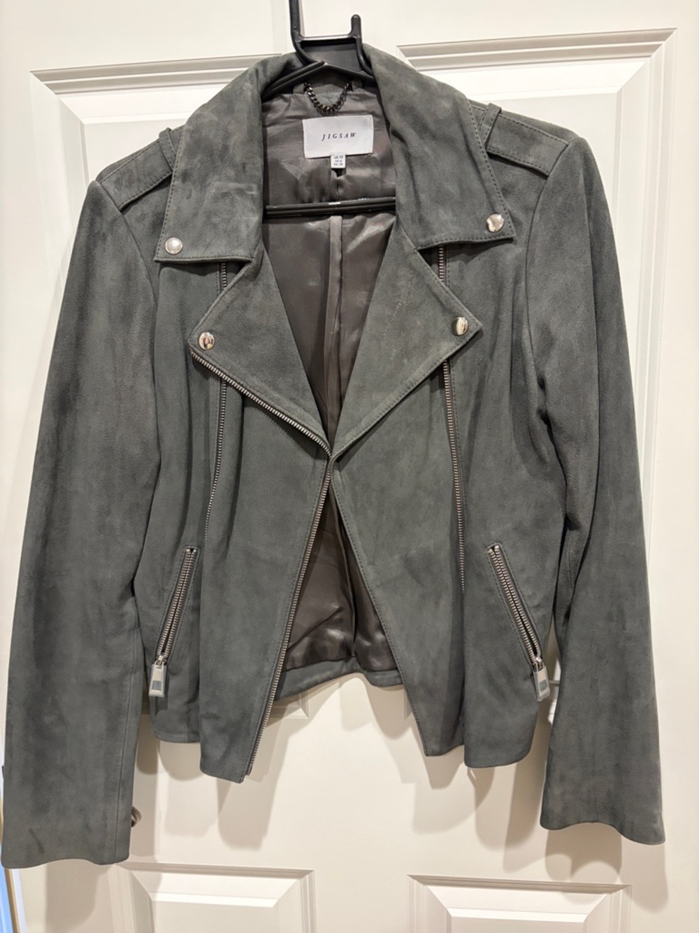 Jigsaw Gray Suede Moto Jacket with Silver Hardware